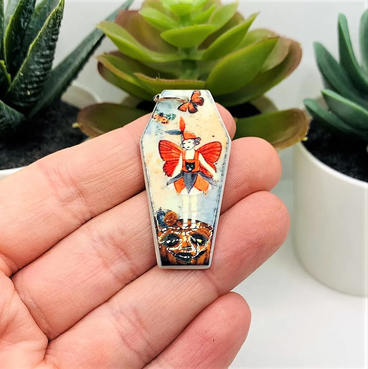 1, 4 or 20 Pieces: Fall/Autumn Coffin Butterfly Fairy Charms - Double Sided