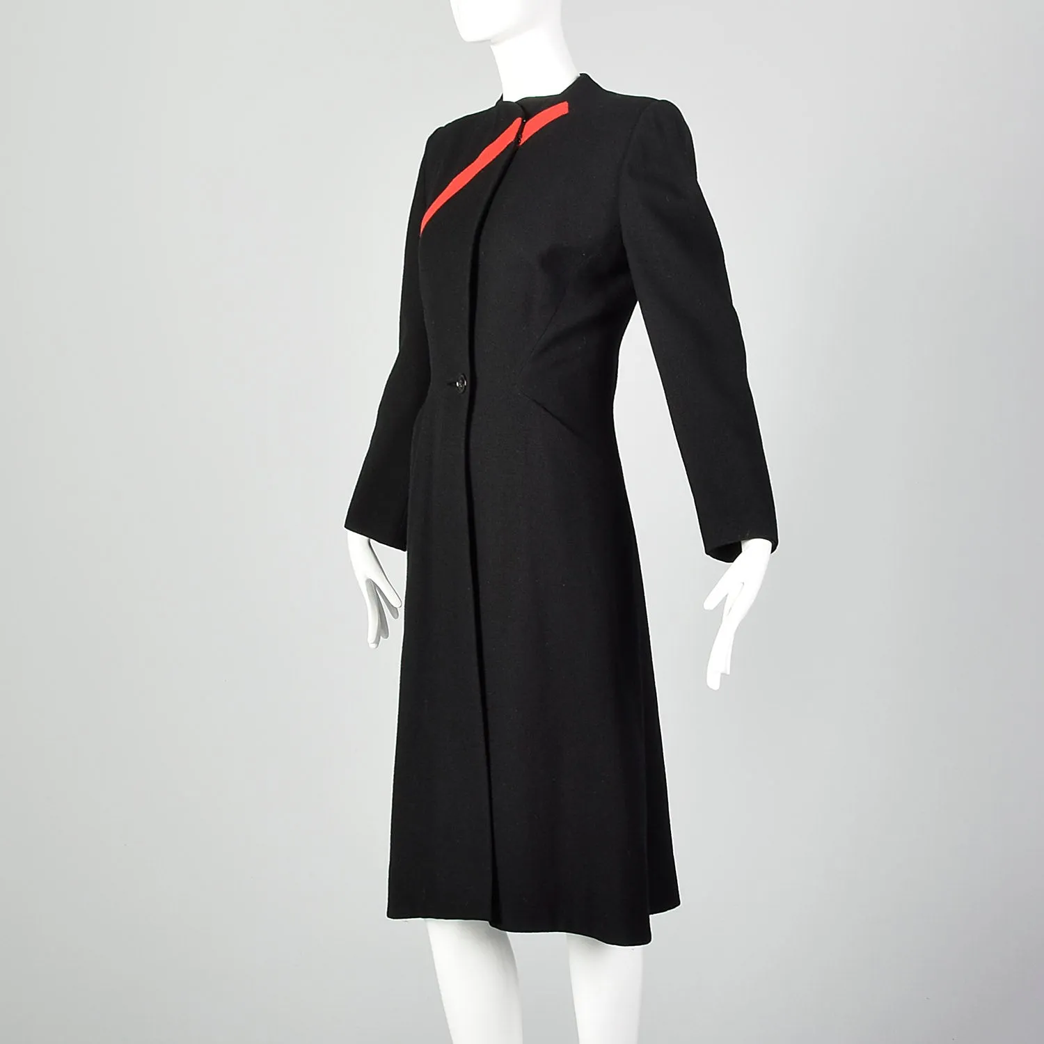 1940s Gilbert Adrian Black Wool Coat with Asymmetric Red Stripe