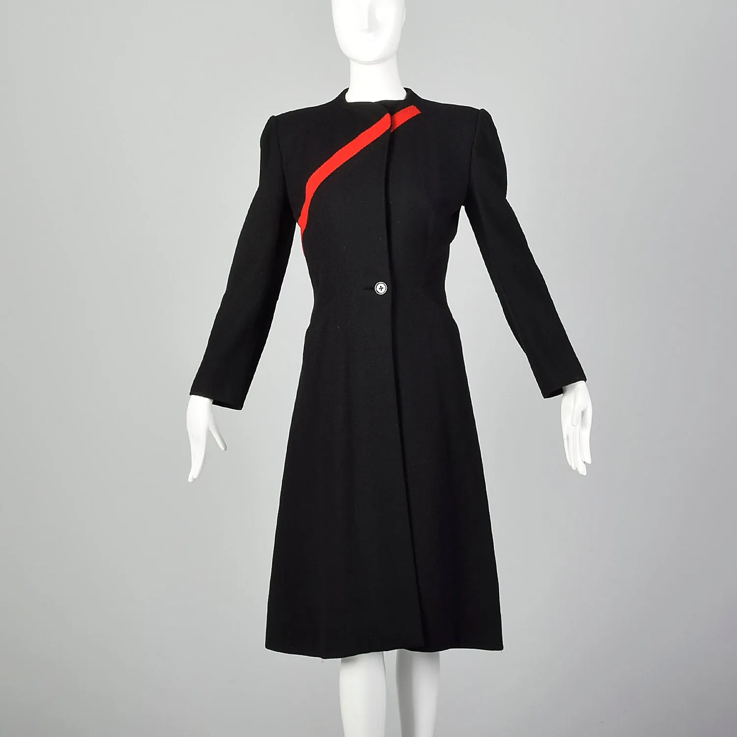1940s Gilbert Adrian Black Wool Coat with Asymmetric Red Stripe