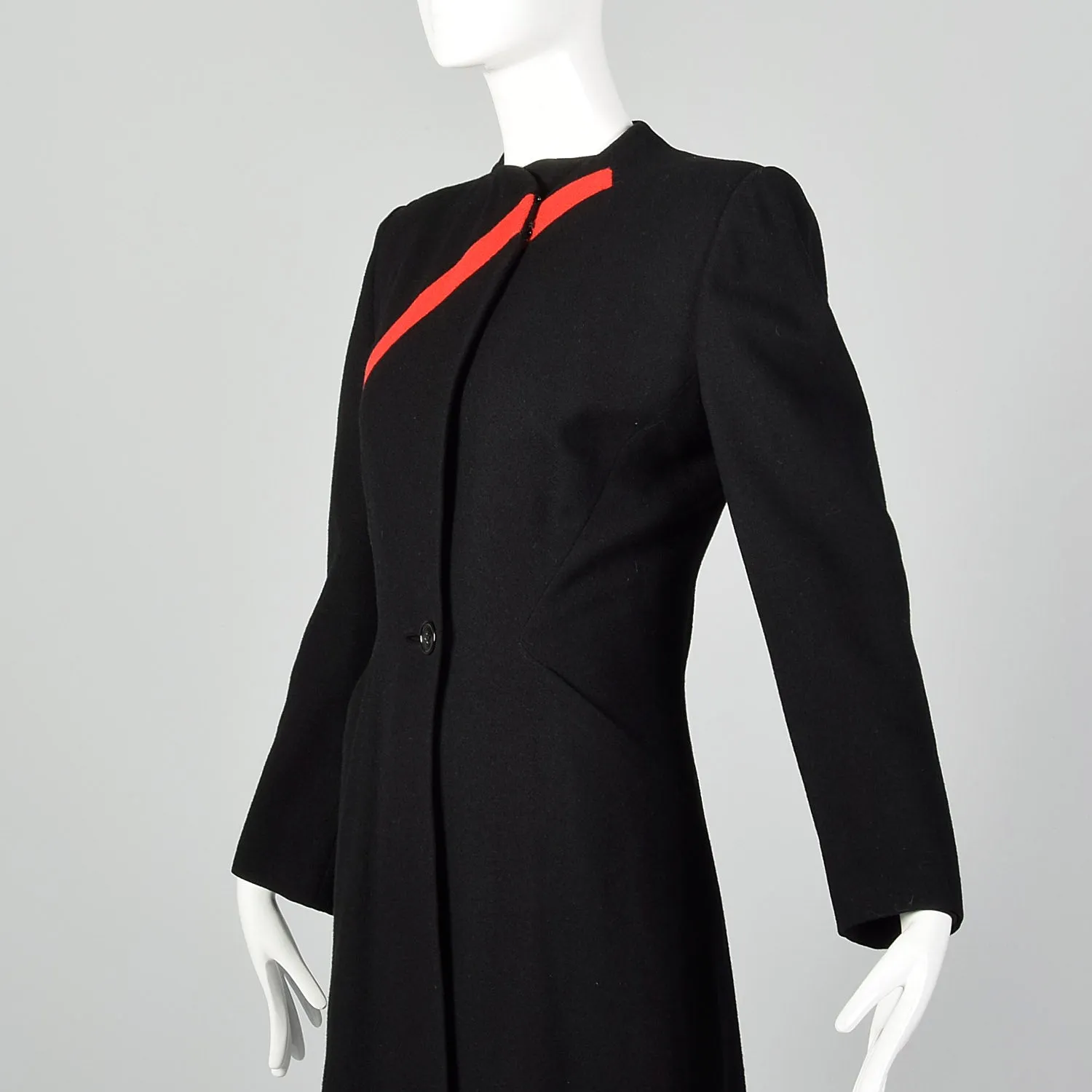 1940s Gilbert Adrian Black Wool Coat with Asymmetric Red Stripe