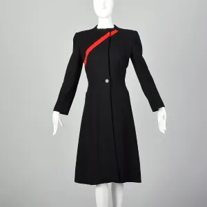 1940s Gilbert Adrian Black Wool Coat with Asymmetric Red Stripe