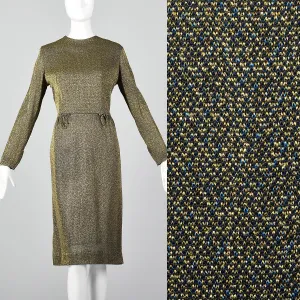 1950s Lurex Pencil Dress in Blue and Gold Knit