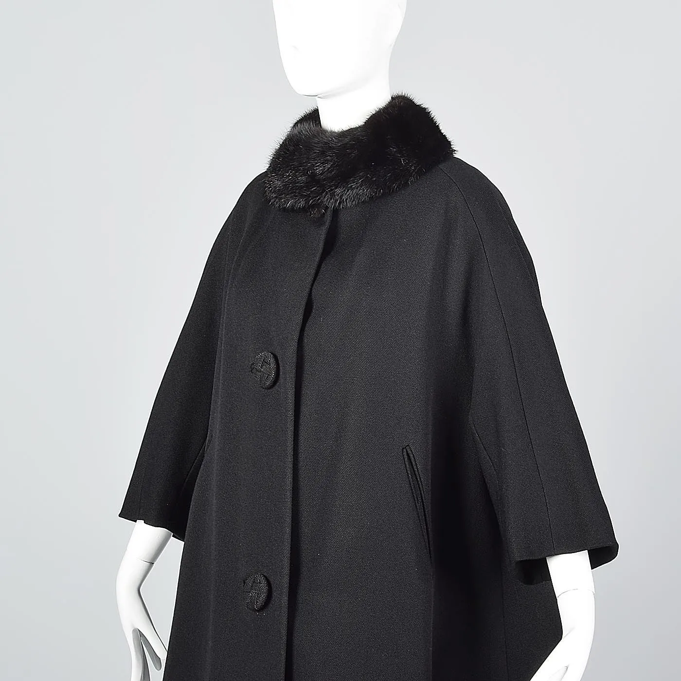 1960s Black Wool Swing Coat with Mink Collar