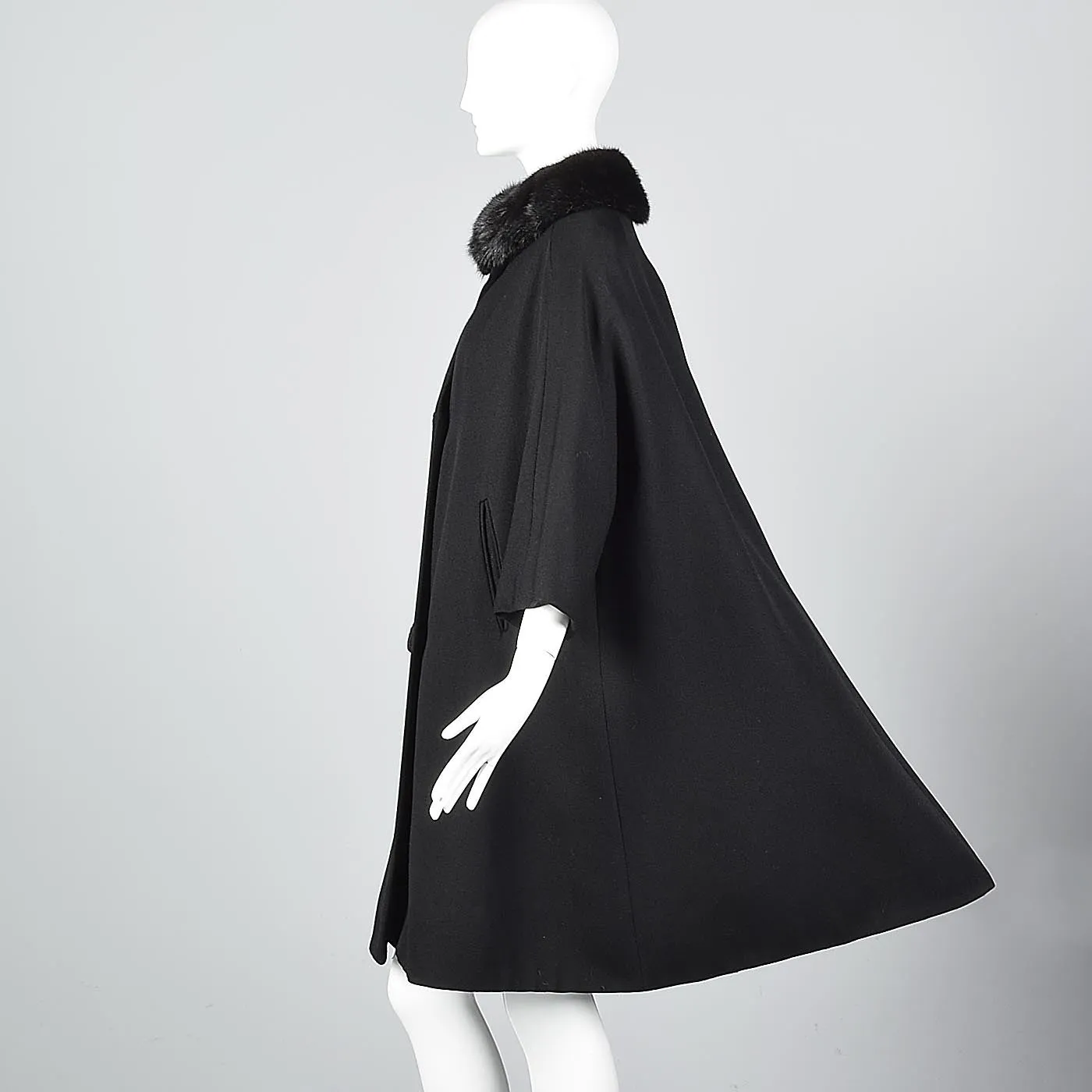1960s Black Wool Swing Coat with Mink Collar