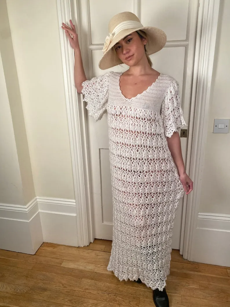 1970s Knitted White Wool Maxi Dress