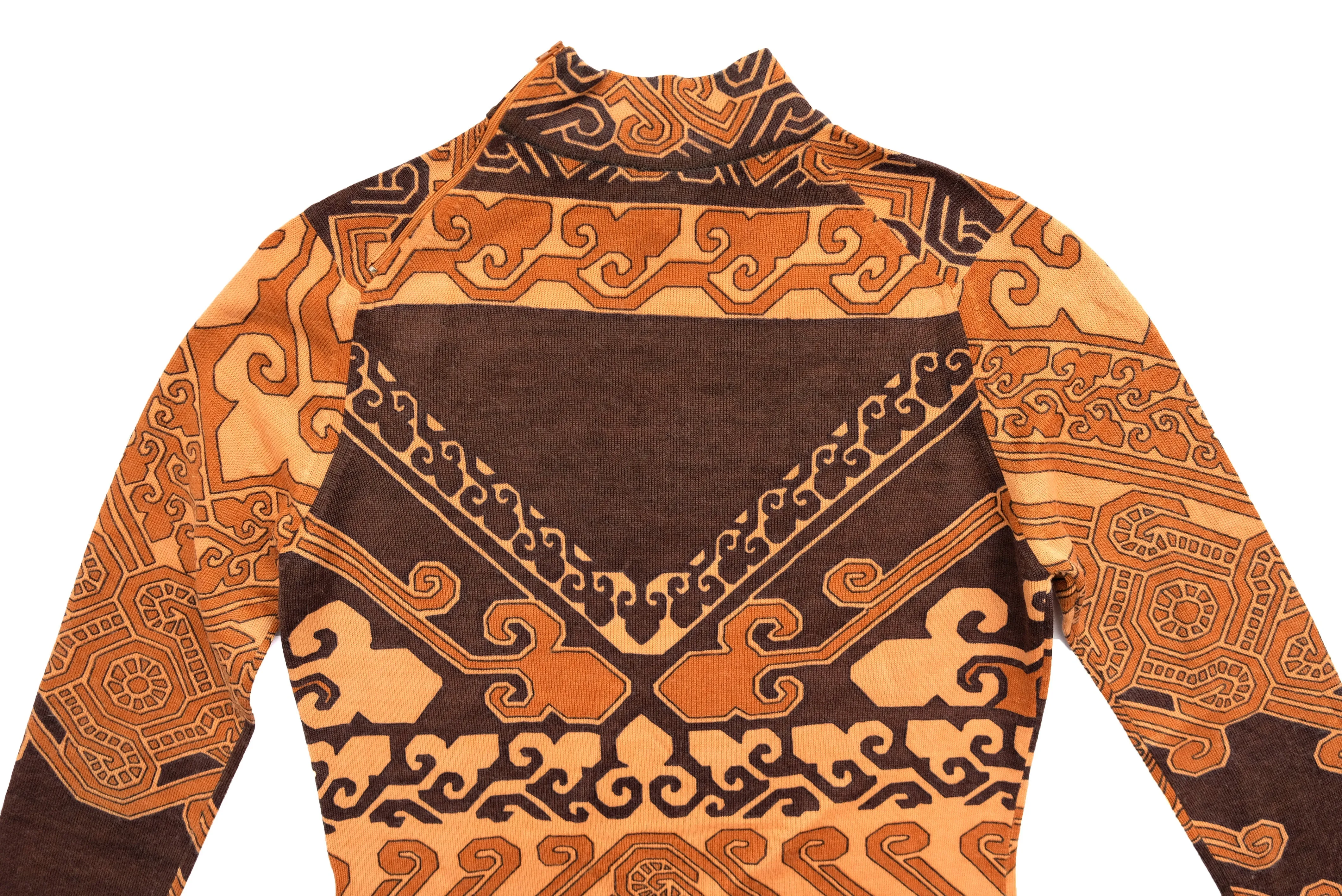 1970s Vintage Brown Geometric Jersey Dress, possibly Leonard Paris , UK10