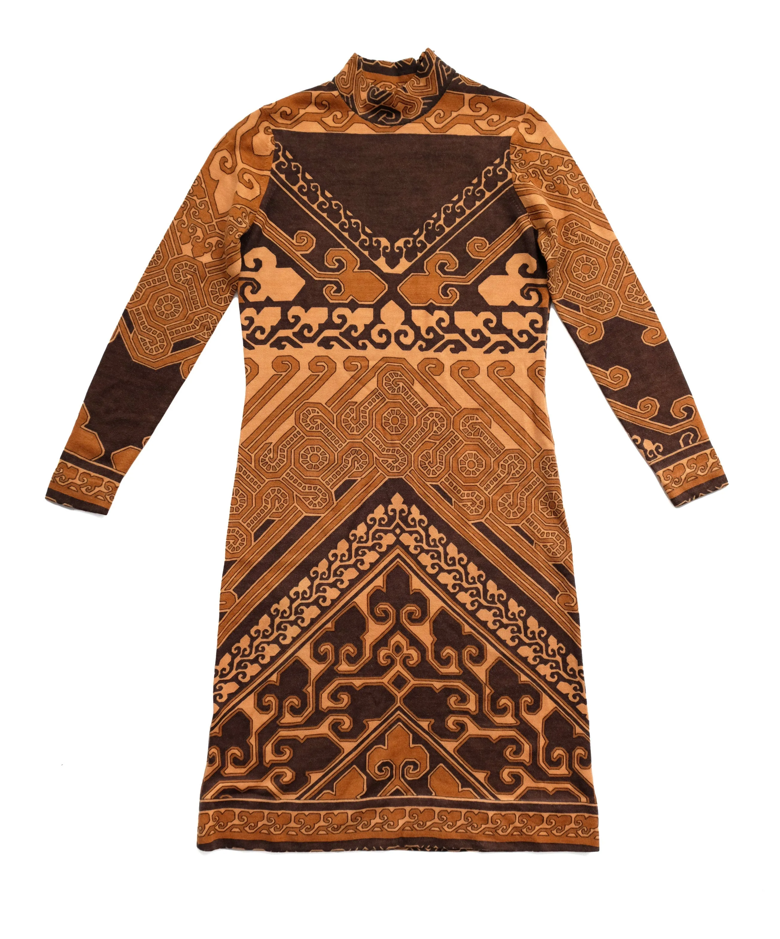 1970s Vintage Brown Geometric Jersey Dress, possibly Leonard Paris , UK10