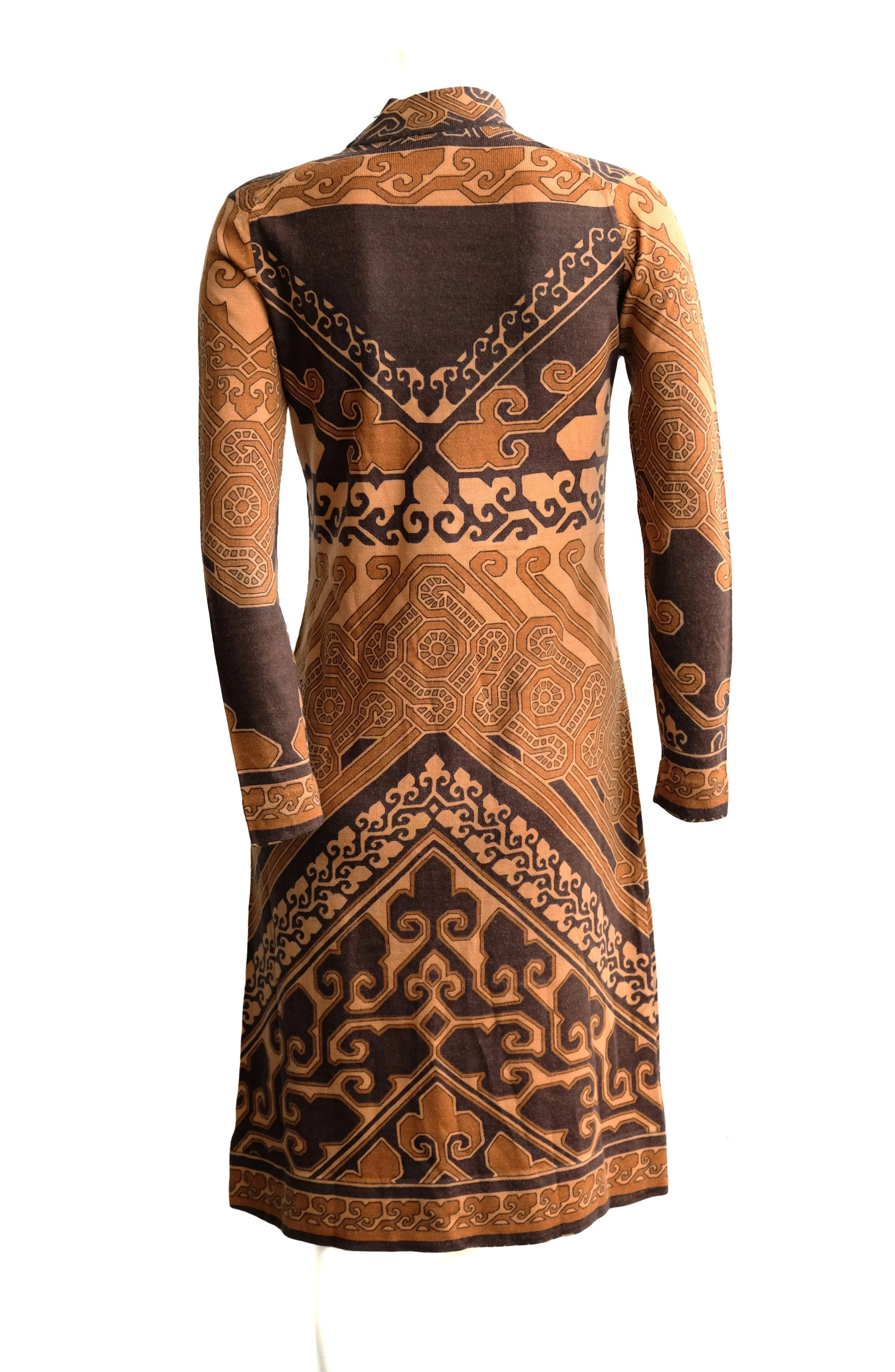 1970s Vintage Brown Geometric Jersey Dress, possibly Leonard Paris , UK10