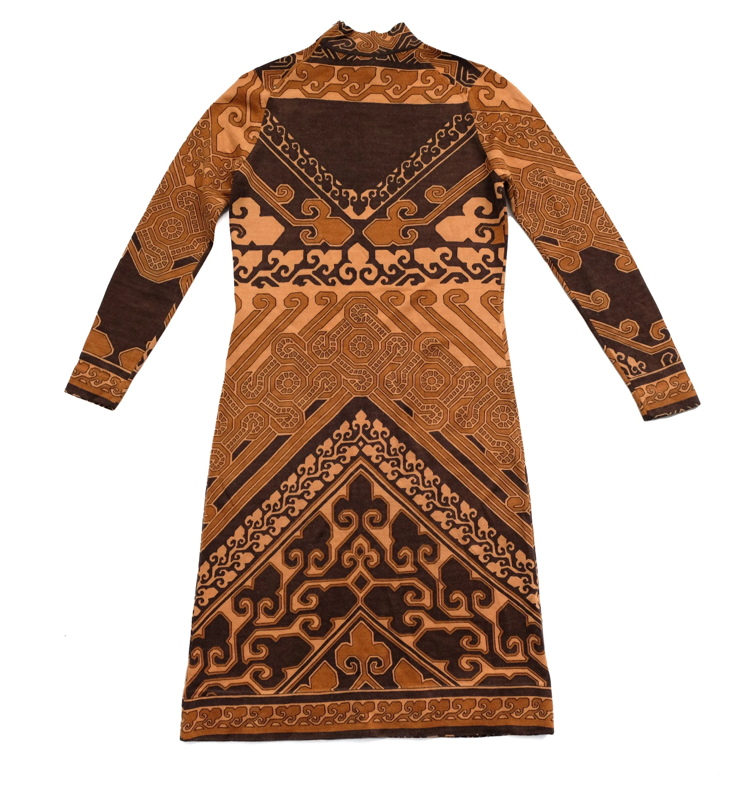 1970s Vintage Brown Geometric Jersey Dress, possibly Leonard Paris , UK10