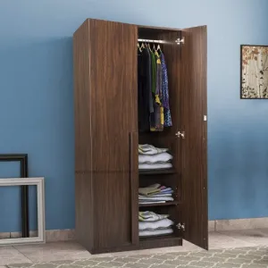 2 Door Textured Wooden Wardrobe with Mirror (Walnut)