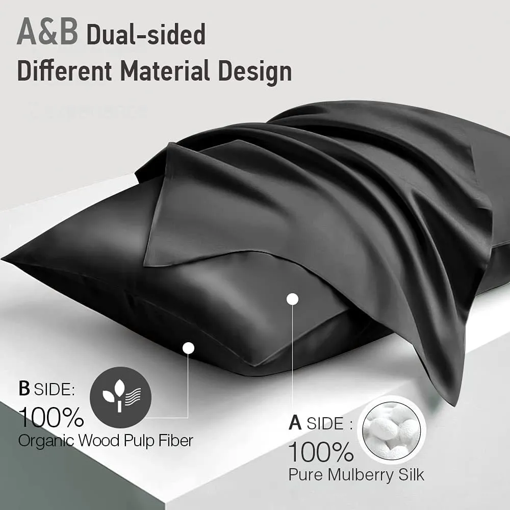 (2 Pack Black,Standard 20"x26")Silk Pillowcase for Hair and Skin,22 Momme 100% Mulberry Silk & Natural Wood Pulp Fiber Grade 6A Double-Sided Silk Pillow Cases with Hidden Zipper,600 Thread Count