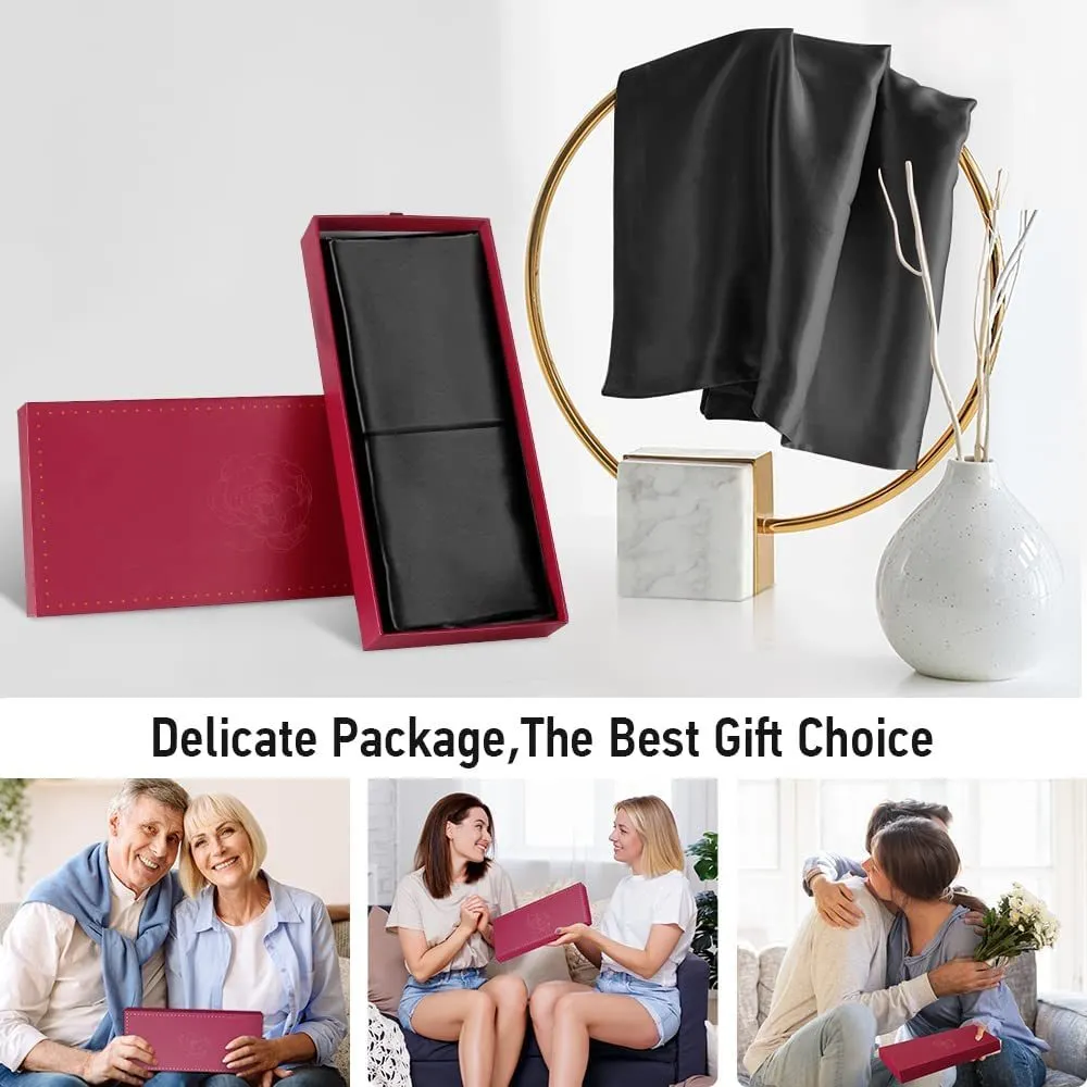 (2 Pack Black,Standard 20"x26")Silk Pillowcase for Hair and Skin,22 Momme 100% Mulberry Silk & Natural Wood Pulp Fiber Grade 6A Double-Sided Silk Pillow Cases with Hidden Zipper,600 Thread Count