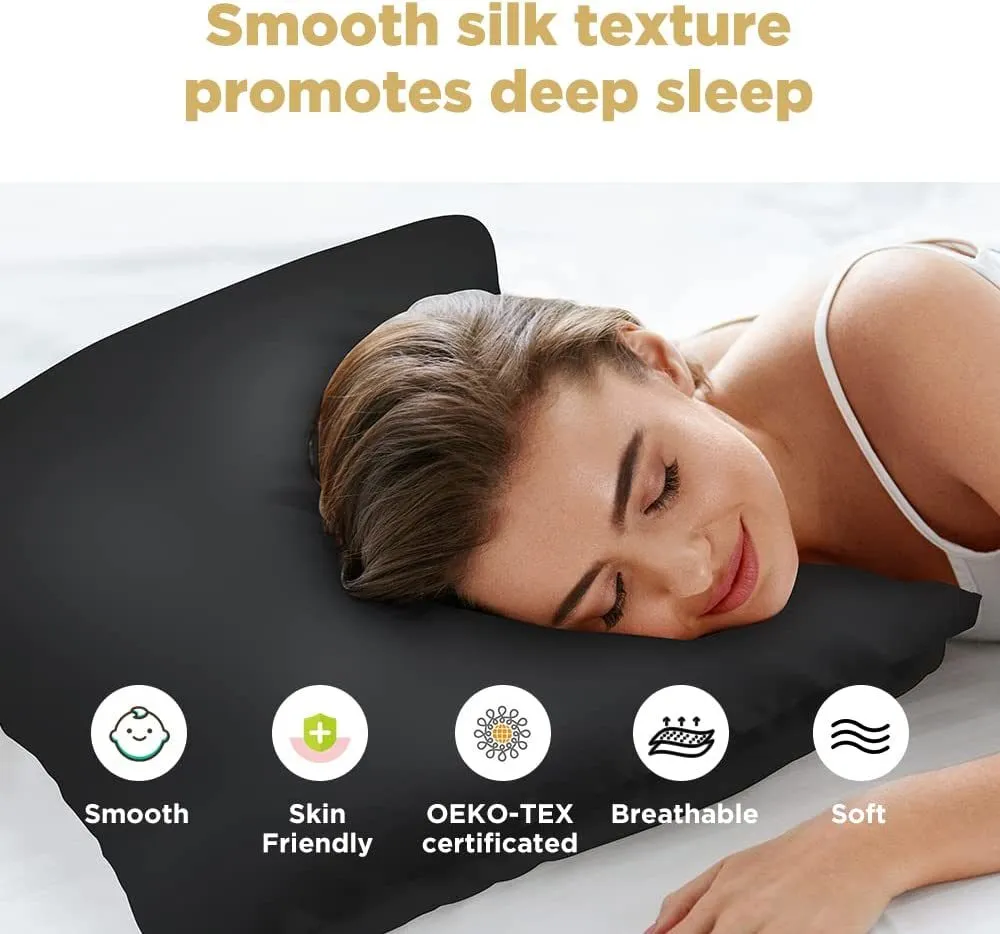 (2 Pack Black,Standard 20"x26")Silk Pillowcase for Hair and Skin,22 Momme 100% Mulberry Silk & Natural Wood Pulp Fiber Grade 6A Double-Sided Silk Pillow Cases with Hidden Zipper,600 Thread Count