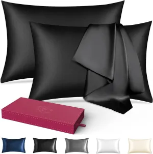 (2 Pack Black,Standard 20"x26")Silk Pillowcase for Hair and Skin,22 Momme 100% Mulberry Silk & Natural Wood Pulp Fiber Grade 6A Double-Sided Silk Pillow Cases with Hidden Zipper,600 Thread Count