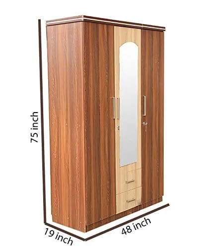 3 Door Wardrobe With Mirror(Material-Engineereed Wood,Color-Brown)