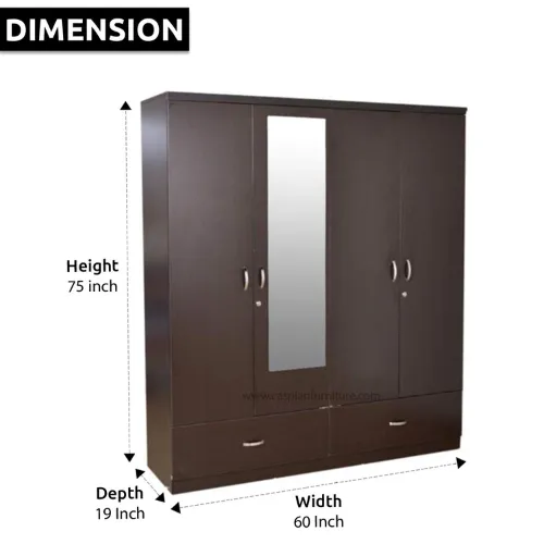 4 Door Wardrobe for Bedroom with Mirror, Drawers, Shelves and Hanging Space | 4 Door Wardrobe for Clothes Wooden Furniture