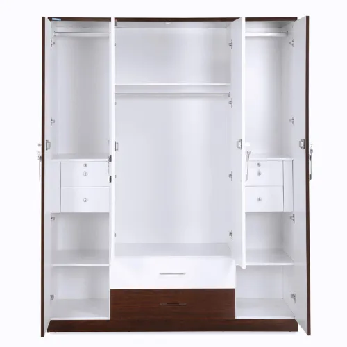 4 Door White and Brown Wardrobe for Bedroom with Drawers, Shelves and Hanging Space | 4 Door Wardrobe for Clothes Wooden Furniture
