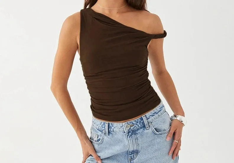 A&A Asymmetric Ruched Off Shoulder Crop Top