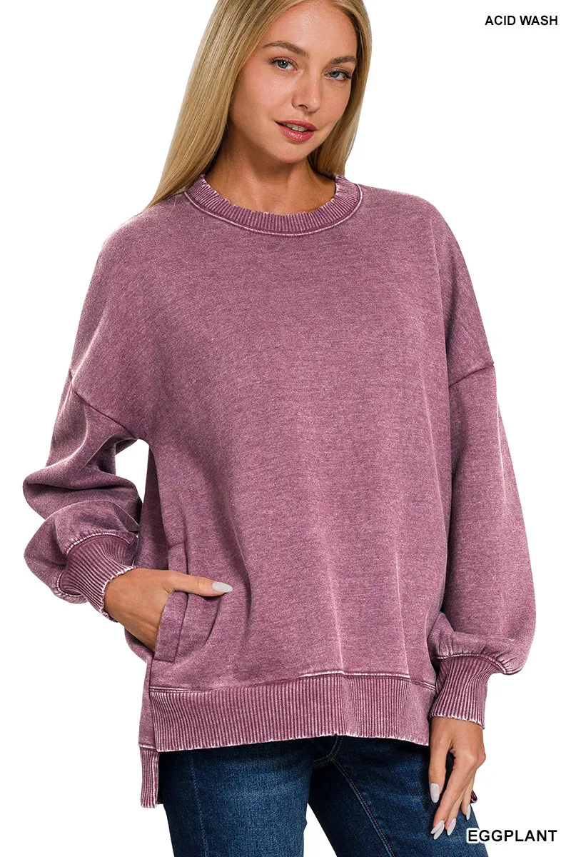Acid Wash Fleece Hi-Low Pullover w/ Pockets (14 Options)