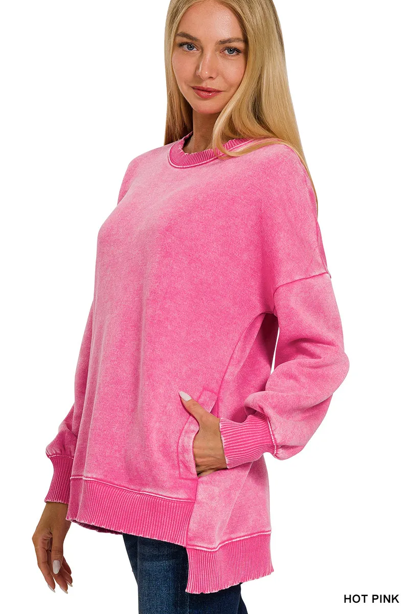 Acid Wash Fleece Hi-Low Pullover w/ Pockets (14 Options)