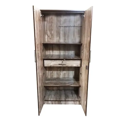 African Wood Textured 2 Door Wardrobe with 3 Shelves, Drawer and Hanging Space for Clothes | Wardrobe for Bedroom