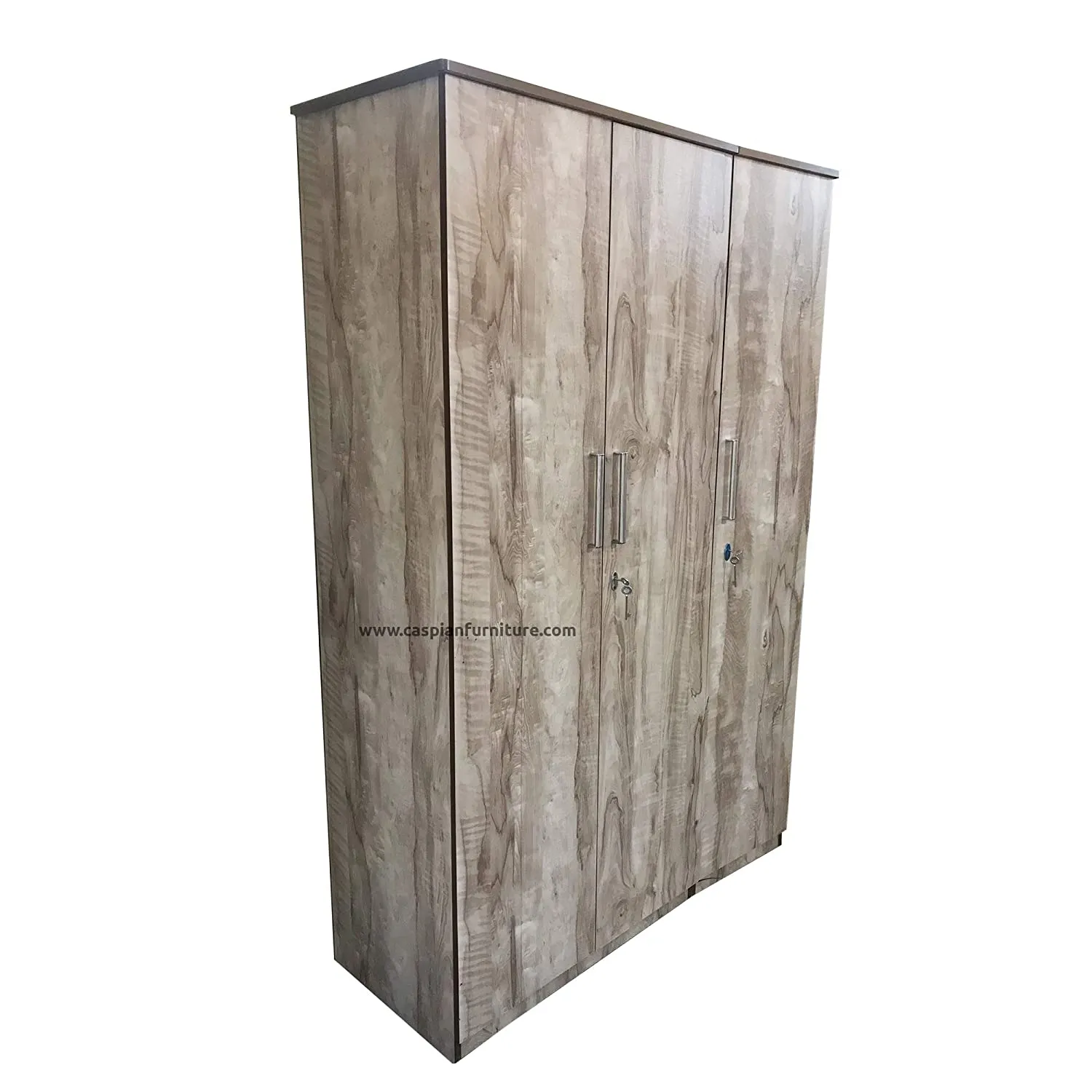 African Wood Textured 3 Door Wardrobe for Bedroom with Shelves and Drawer | 3 Door Wardrobe for Clothes