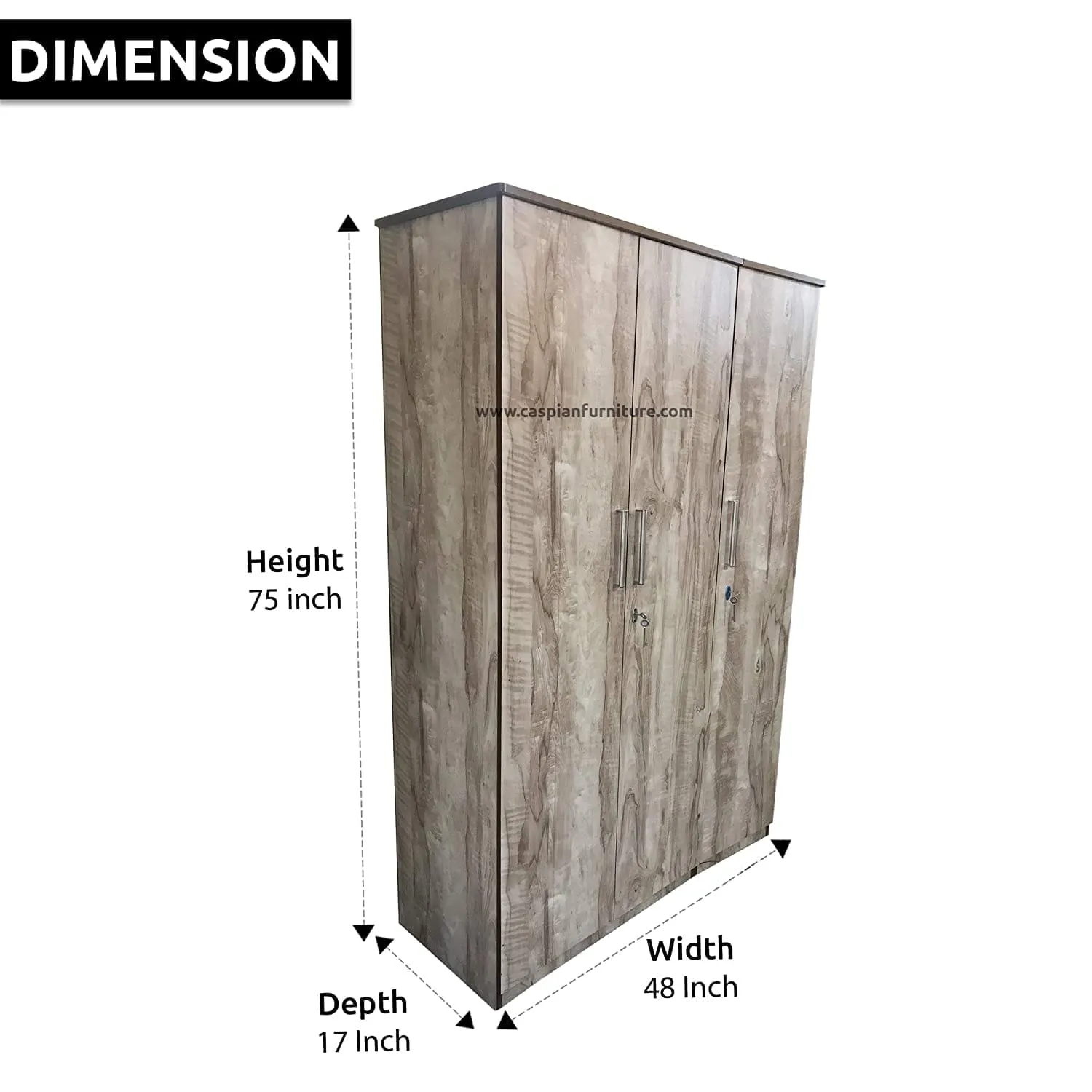 African Wood Textured 3 Door Wardrobe for Bedroom with Shelves and Drawer | 3 Door Wardrobe for Clothes