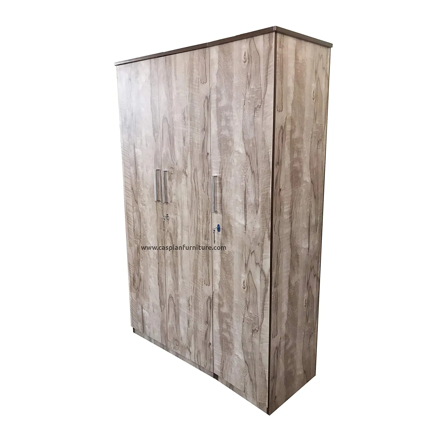 African Wood Textured 3 Door Wardrobe for Bedroom with Shelves and Drawer | 3 Door Wardrobe for Clothes