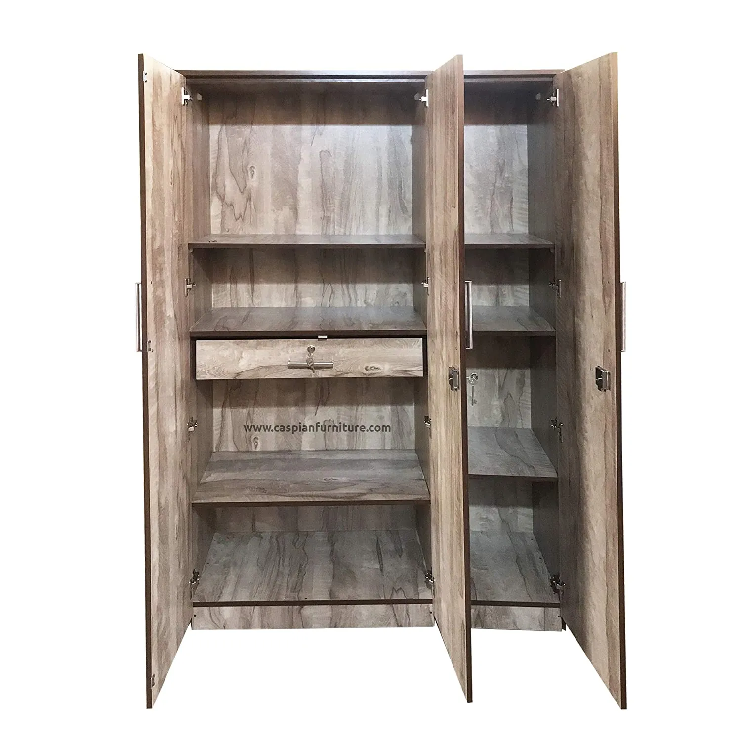 African Wood Textured 3 Door Wardrobe for Bedroom with Shelves and Drawer | 3 Door Wardrobe for Clothes
