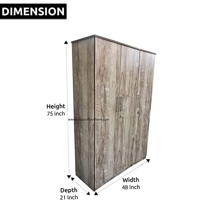 African Wood Textured 3 Door Wardrobe for Bedroom with Shelves and Drawer | 3 Door Wardrobe for Clothes