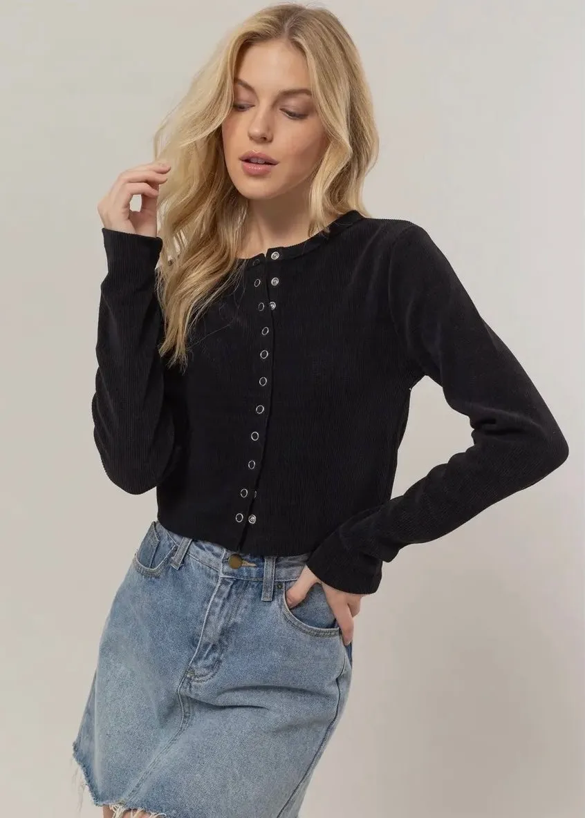 After Hours Button Down Ribbed Top in Onyx