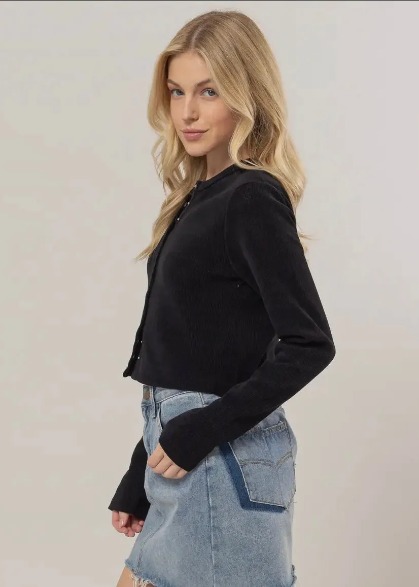 After Hours Button Down Ribbed Top in Onyx