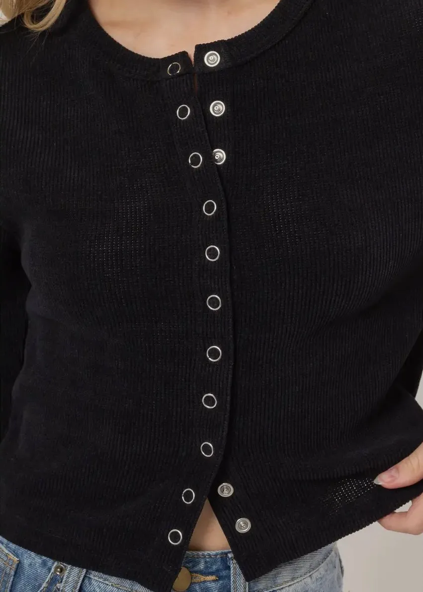 After Hours Button Down Ribbed Top in Onyx