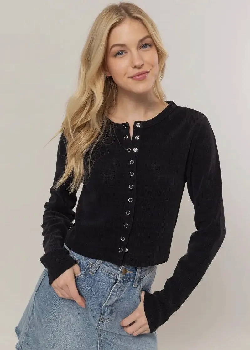 After Hours Button Down Ribbed Top in Onyx