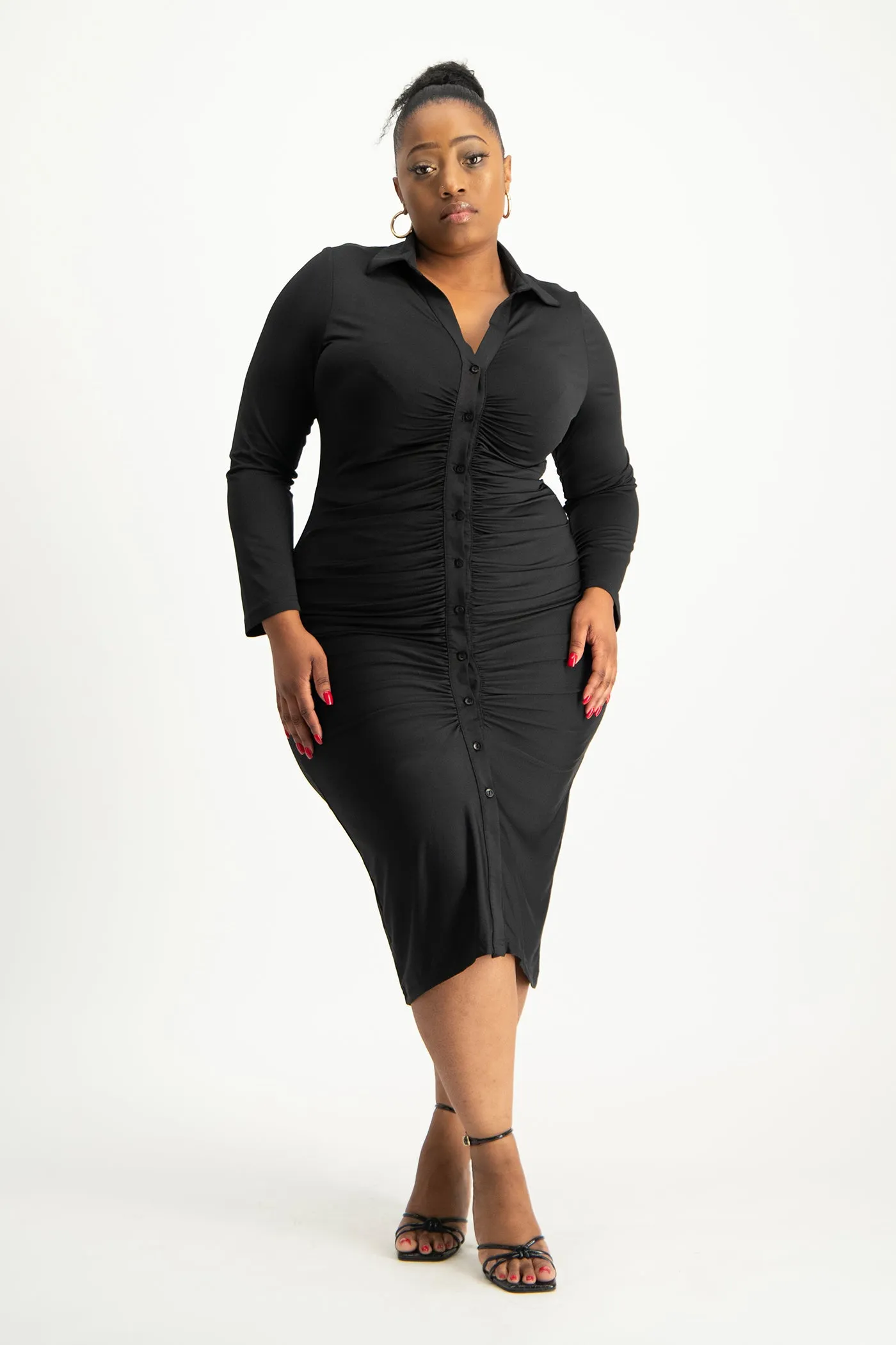 Alice Long Sleeve Ruched Dress - Black