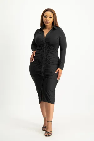 Alice Long Sleeve Ruched Dress - Black