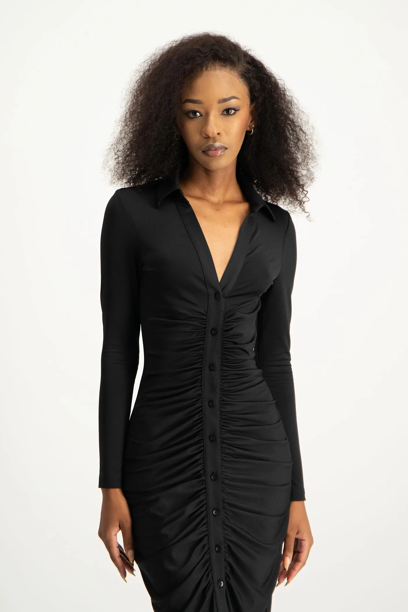 Alice Long Sleeve Ruched Dress - Black