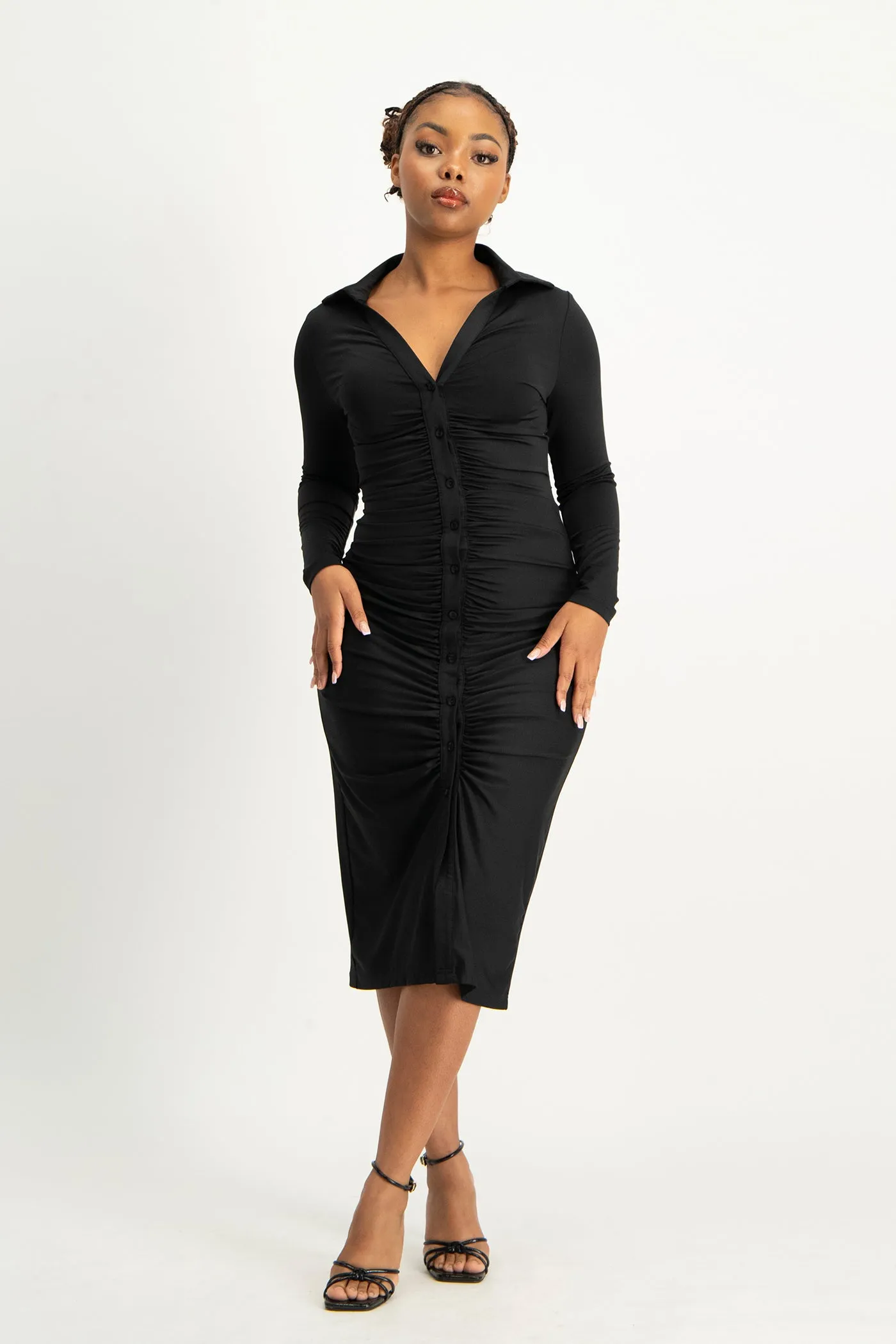 Alice Long Sleeve Ruched Dress - Black