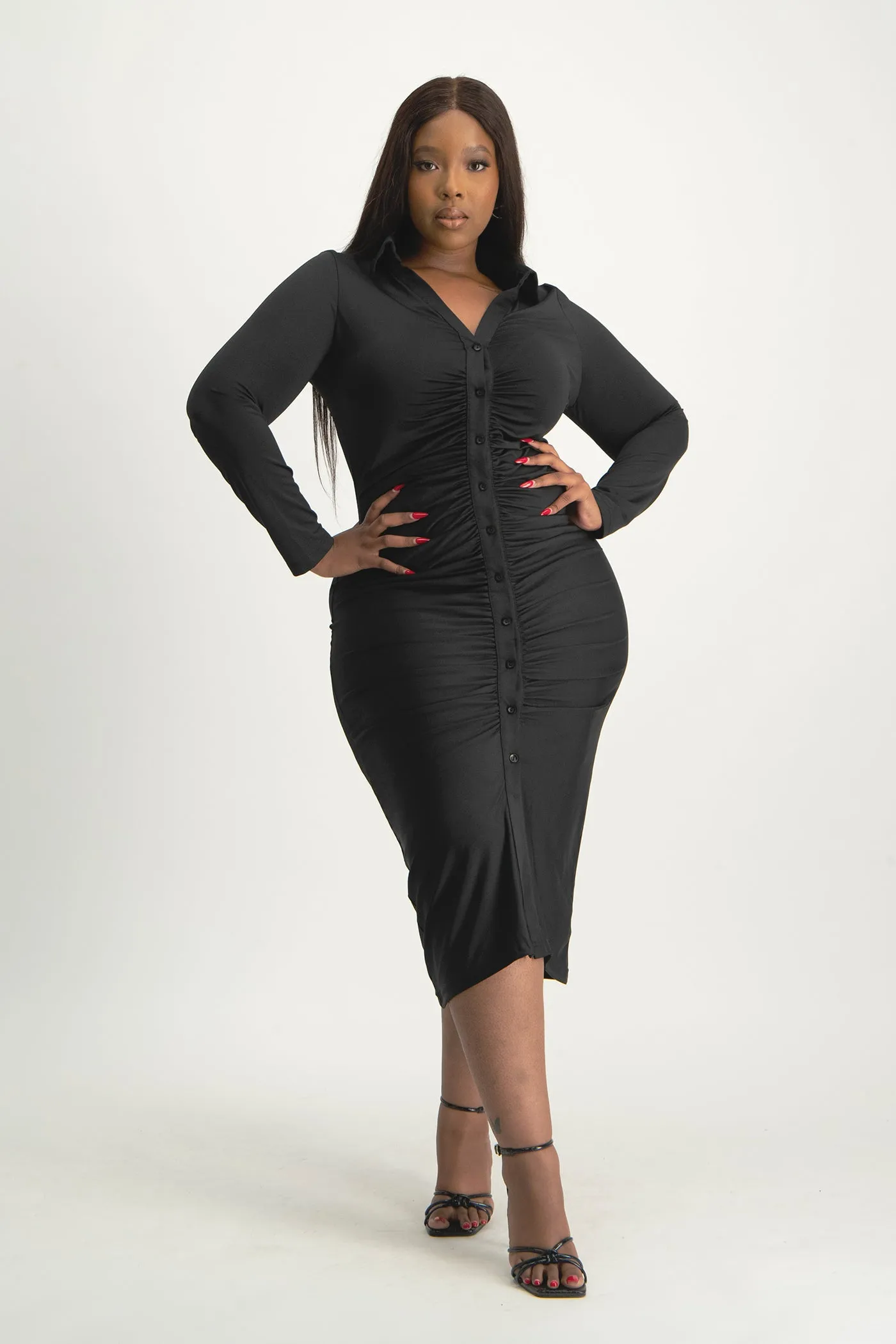 Alice Long Sleeve Ruched Dress - Black