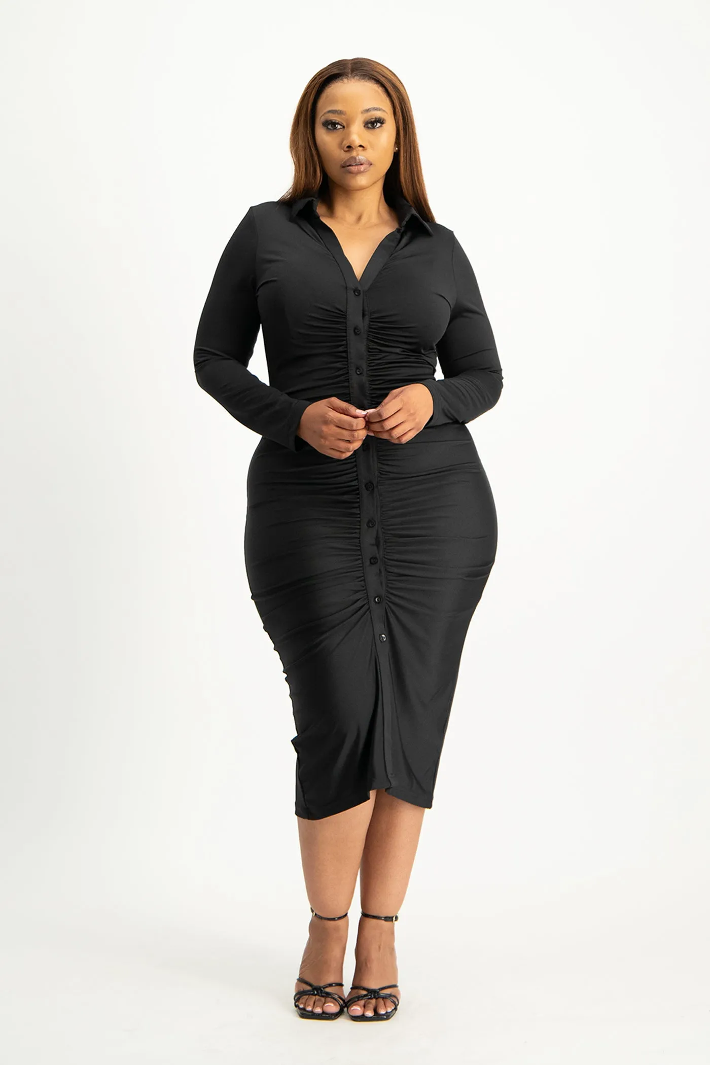 Alice Long Sleeve Ruched Dress - Black