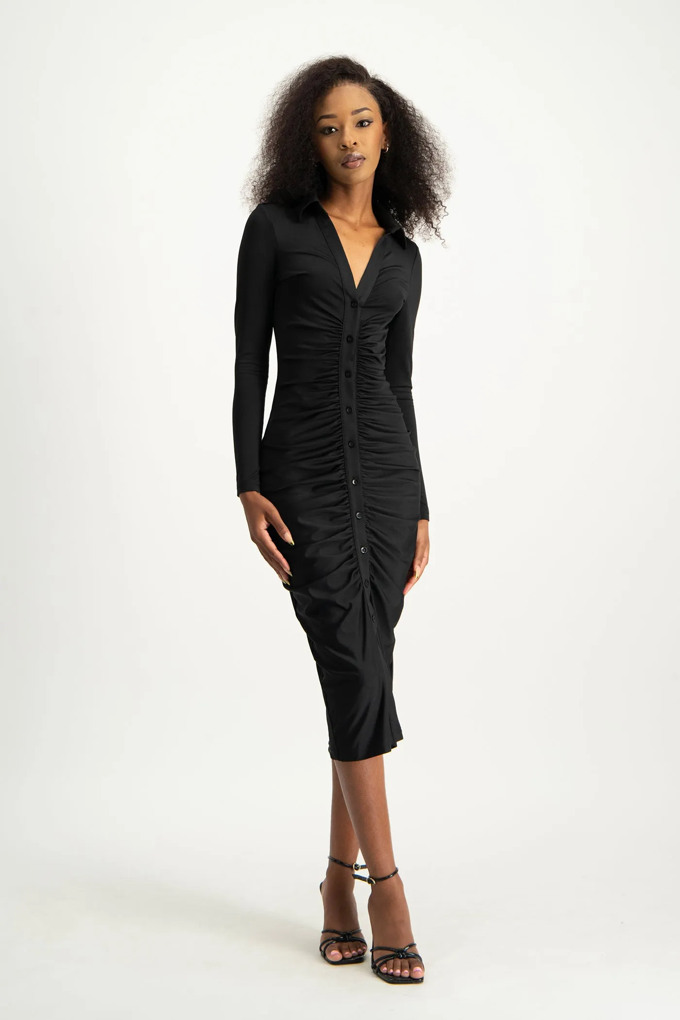 Alice Long Sleeve Ruched Dress - Black