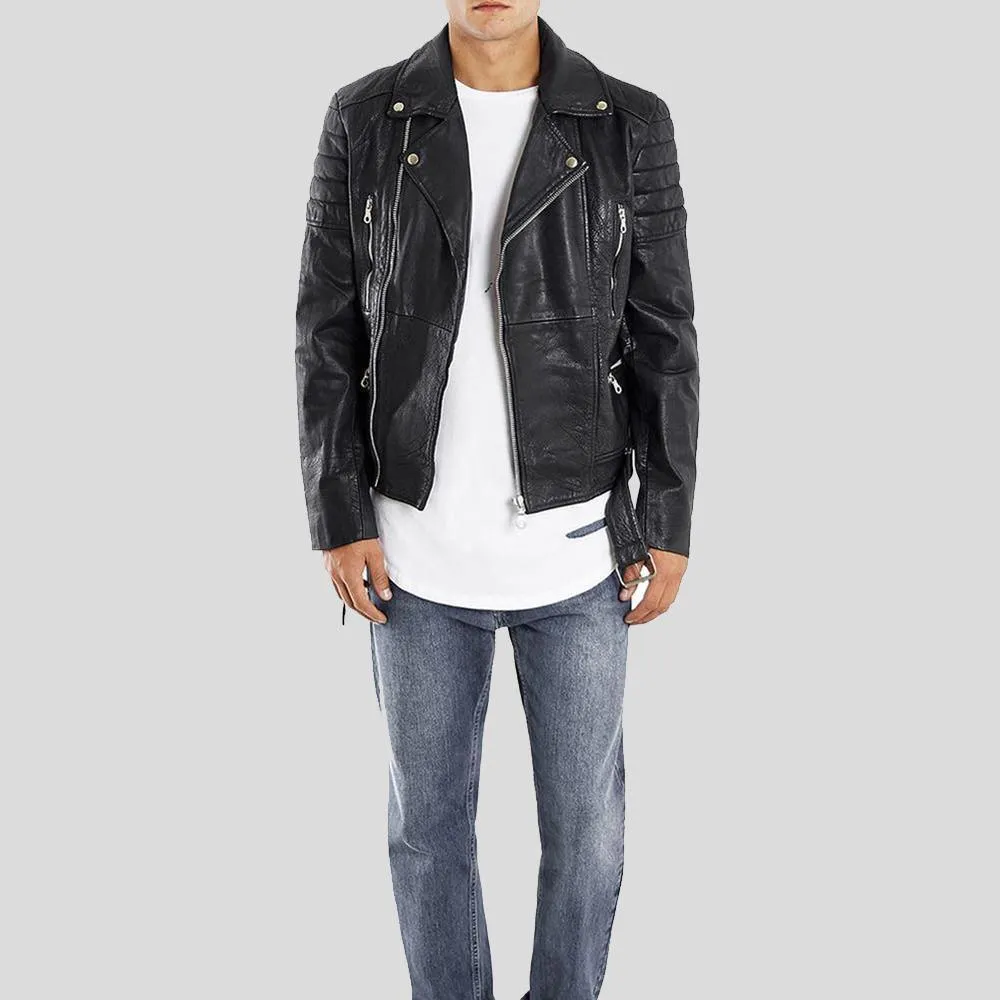 Alvin Black Biker Quilted Leather Jacket for Men