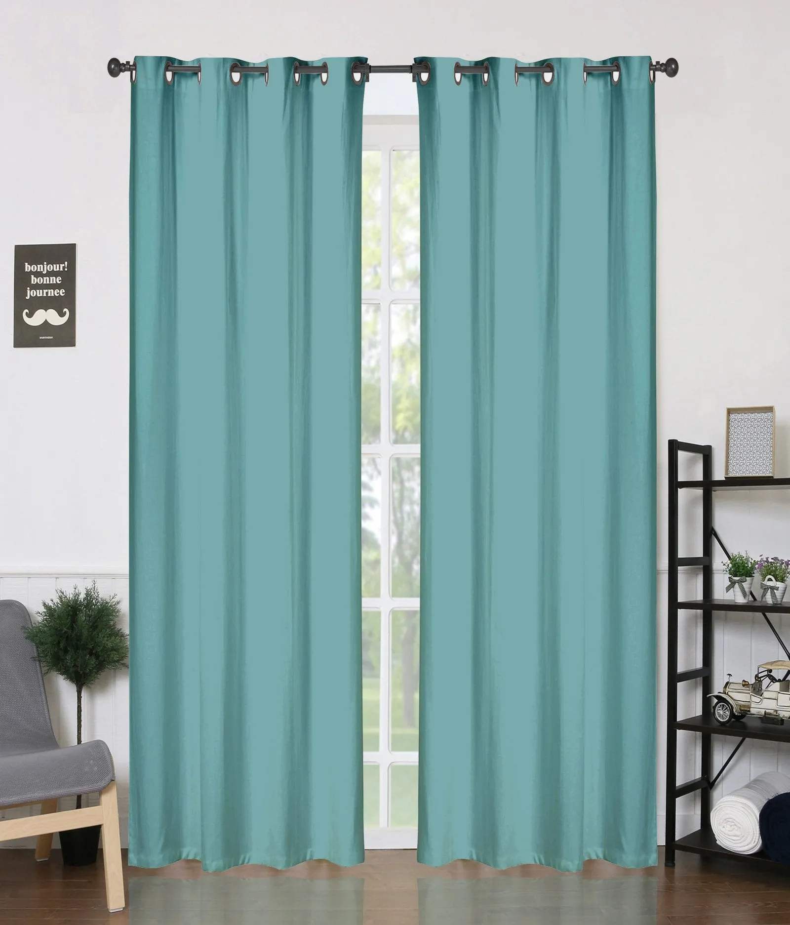 American-Elm Icy Morn Solid Shiny Room Darkening Blackout Grommet Curtains