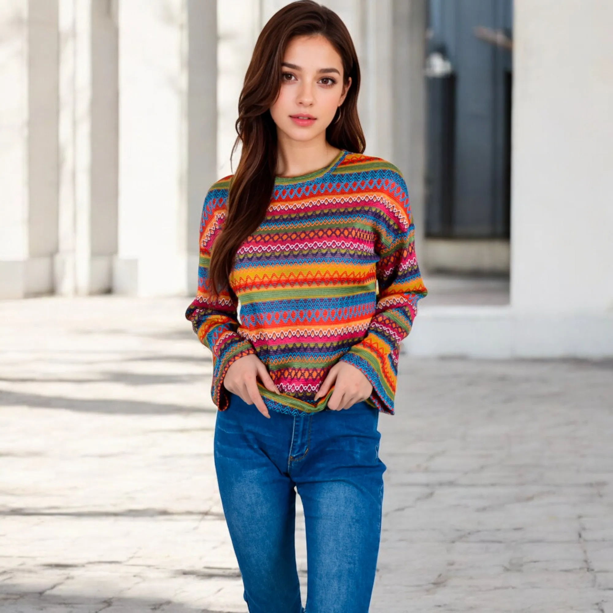 Anna-Kaci Women's Multi-Color Striped Knit Sweater with Long Sleeves and Crew Neck