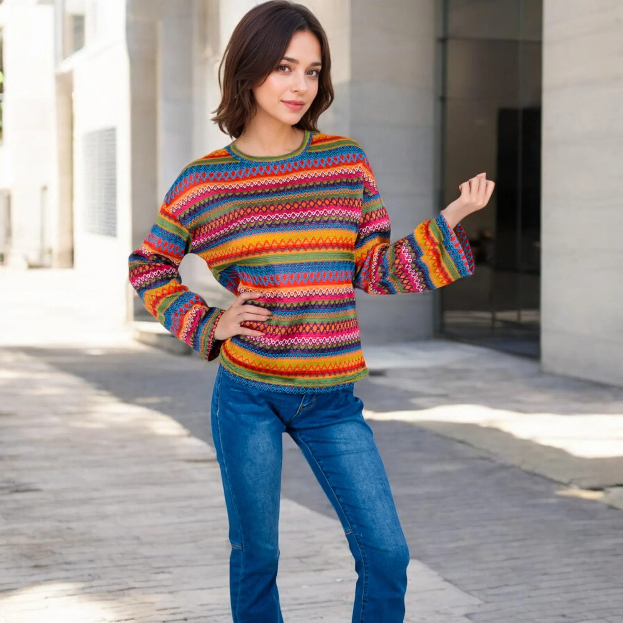 Anna-Kaci Women's Multi-Color Striped Knit Sweater with Long Sleeves and Crew Neck