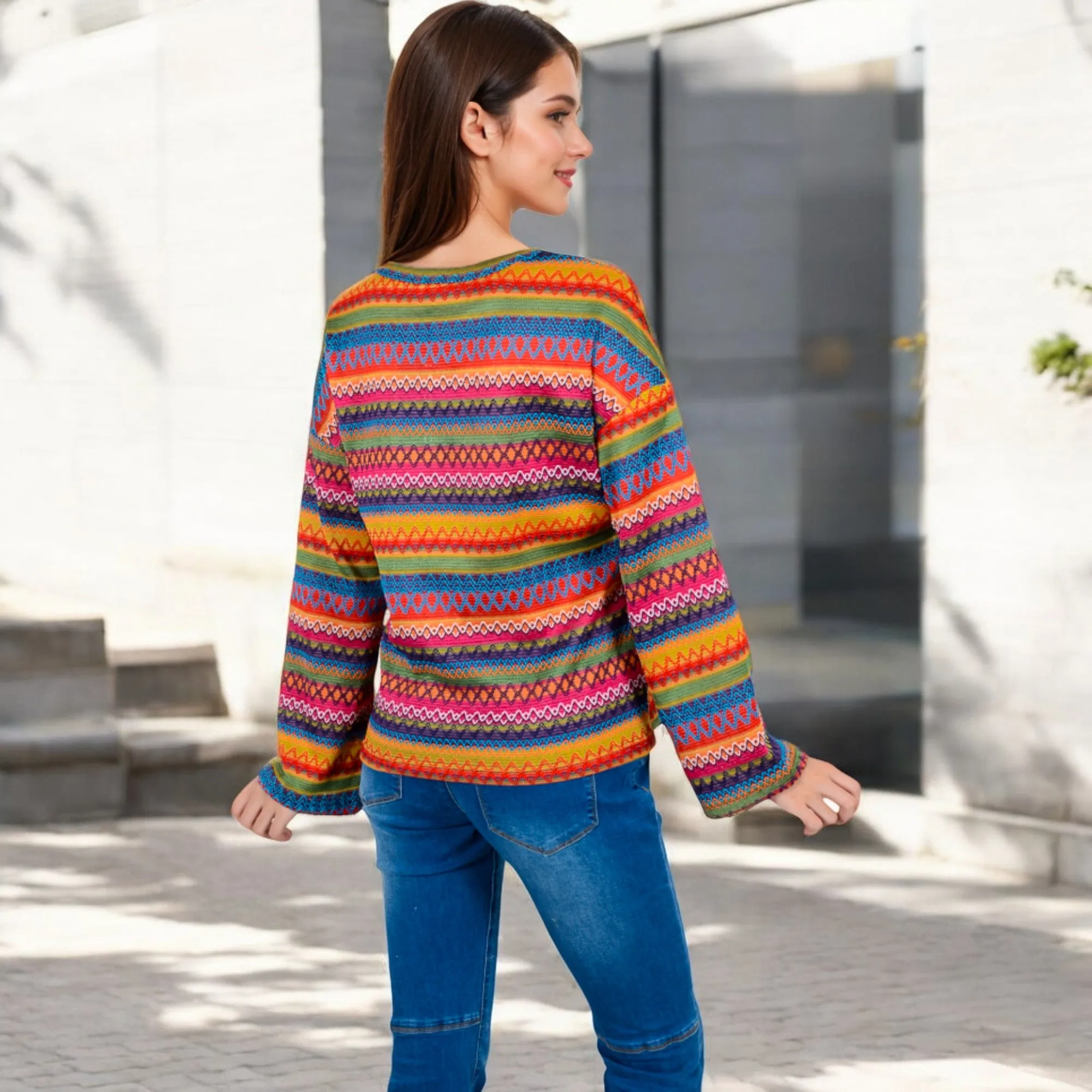 Anna-Kaci Women's Multi-Color Striped Knit Sweater with Long Sleeves and Crew Neck