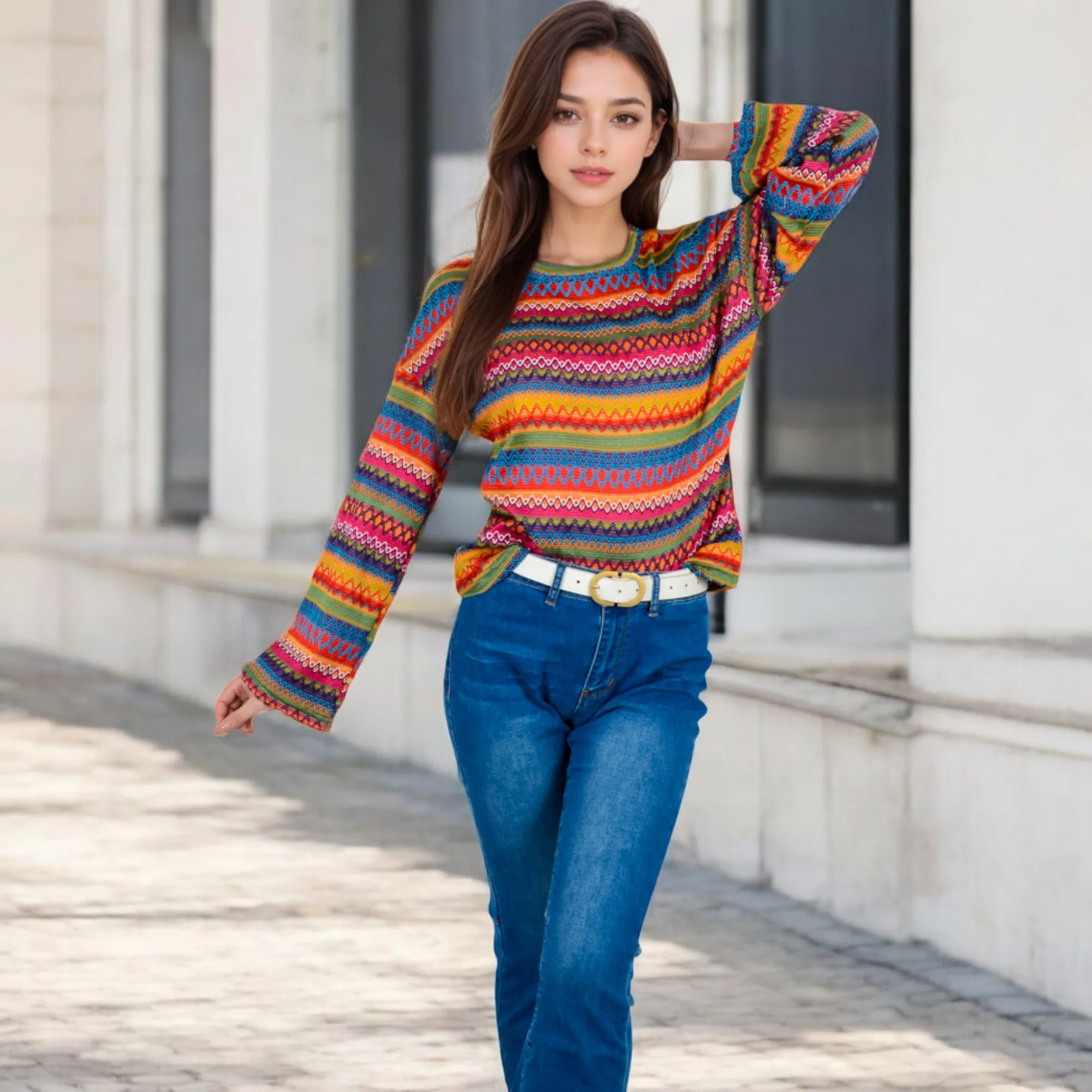 Anna-Kaci Women's Multi-Color Striped Knit Sweater with Long Sleeves and Crew Neck