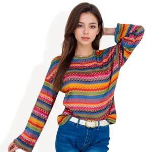 Anna-Kaci Women's Multi-Color Striped Knit Sweater with Long Sleeves and Crew Neck