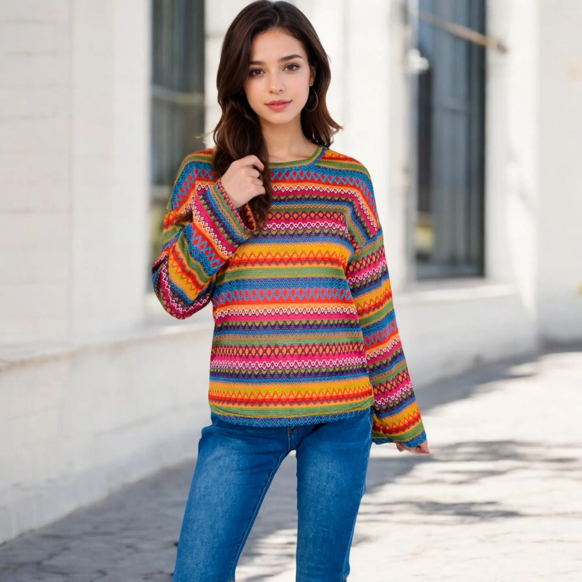 Anna-Kaci Women's Multi-Color Striped Knit Sweater with Long Sleeves and Crew Neck