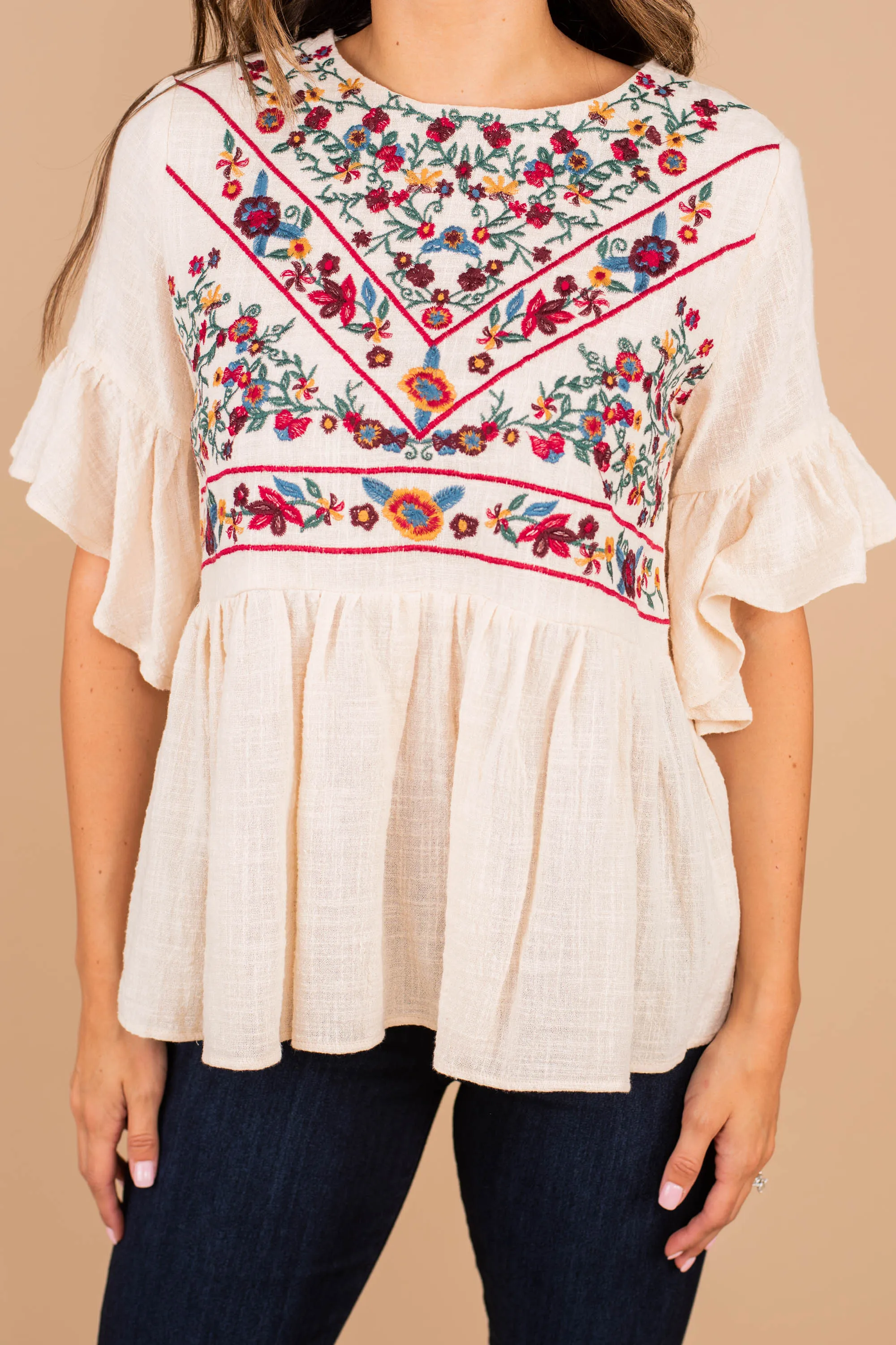 As It Happens Natural White Embroidered Top